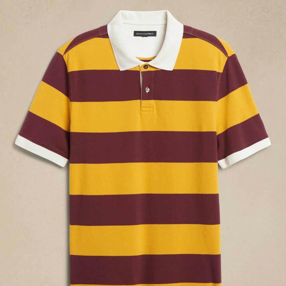 Banana Republic Bold Stripe Yellow Gingko Leaf Organic Cotton Pique Polo